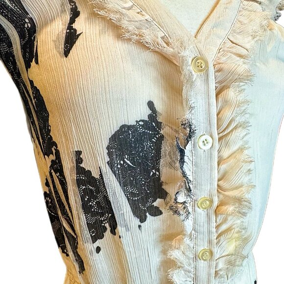 Guess MSRP $72 Blouse Sleeveless Lace Distressed Black Top Beige Button Down SM - Picture 4 of 8